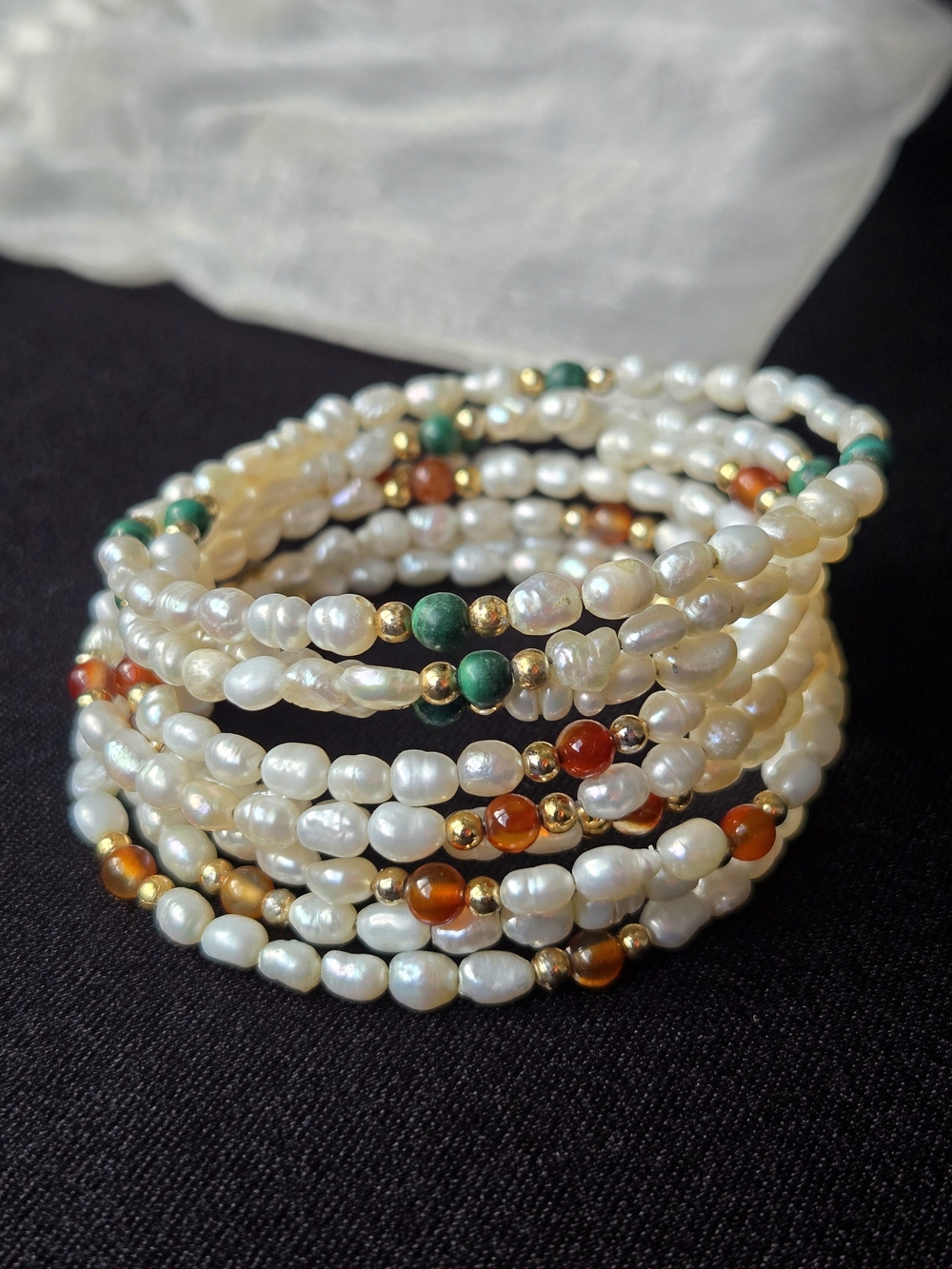 Y2K Freshwater Rice Pearl Memory Wire Coil Bracelets Carnelian Malachite 3Pc Set